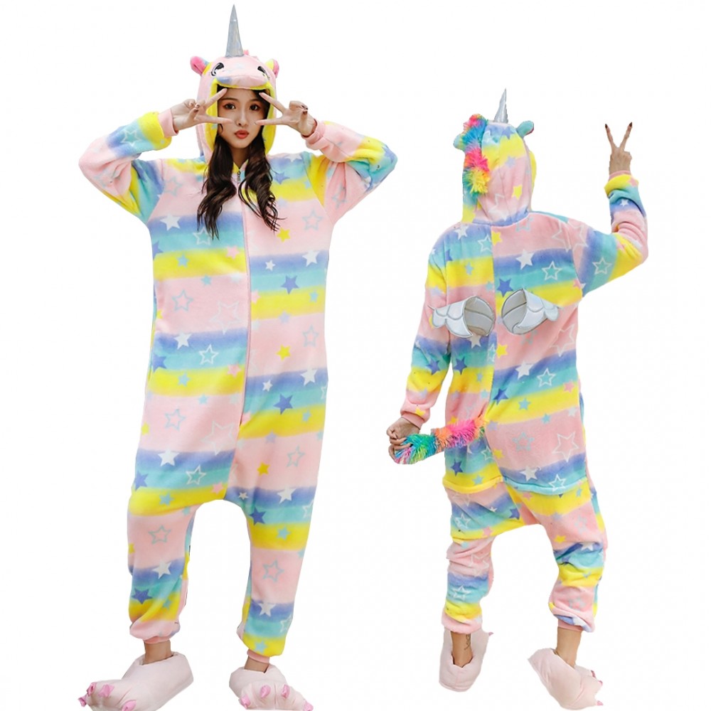 Rainbow Star Unicorn Onesie Pajamas for Adult Animal Onesies Flannel