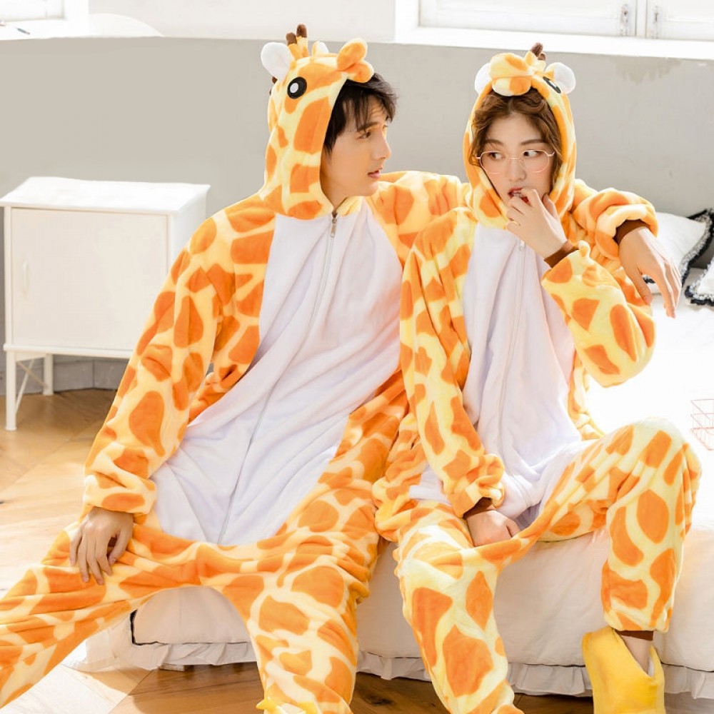 Giraffe Onesie Pajamas for Couples Adult Animal Onesies Flannel Zip up