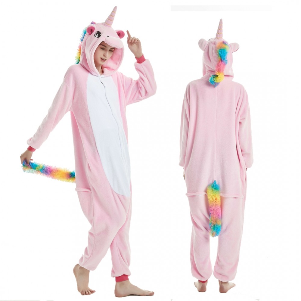 Pink Unicorn Onesie Pajamas with Rainbow Tail for Adult & Teens