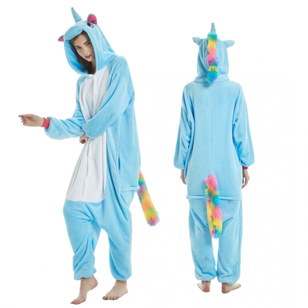 Blue Unicorn Onesie Pajamas with Rainbow Tail for Adult & Teens