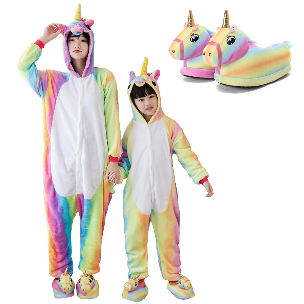 Rainbow Unicorn Onesie with Shoes 2Pcs Sets for Adult and Kids Animal Onesies Costumes