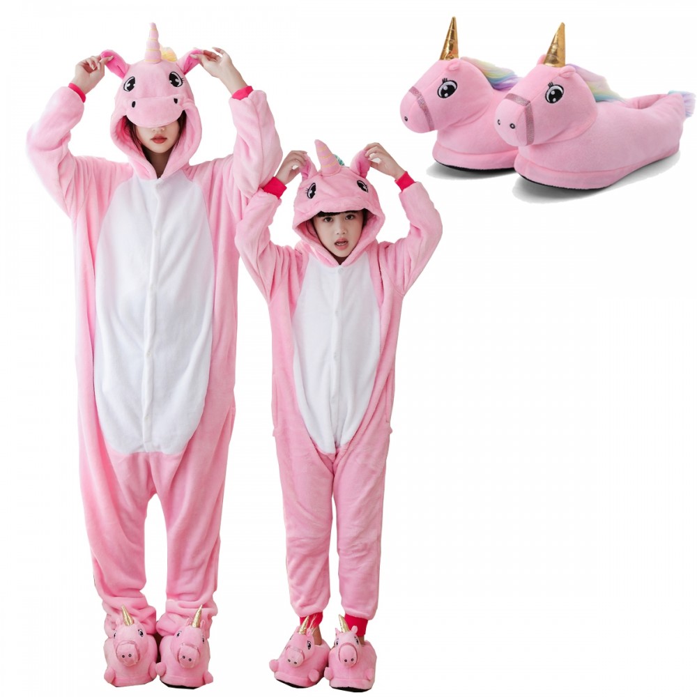Pink Unicorn Onesie with Shoes 2Pcs Sets for Adult and Kids Animal Onesies Costumes