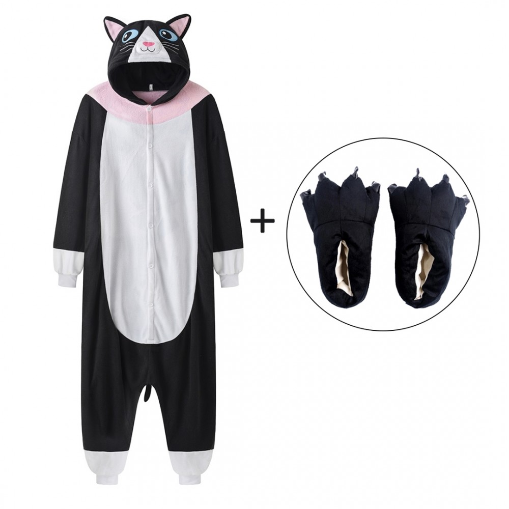 Black Cat Onesie Pajamas with Shoes for Adults & Teens Halloween Costumes