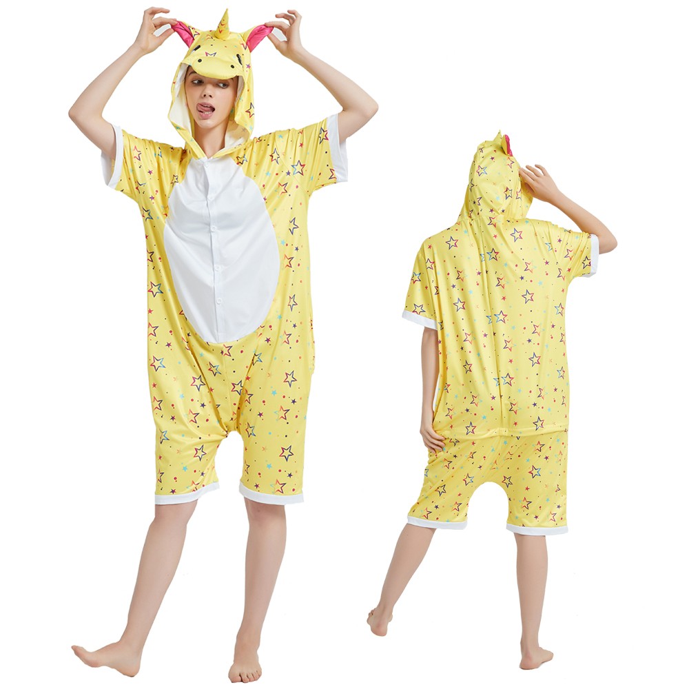 Yellow Unicorn Onesie Pajamas for Adult Short Sleeve Summer