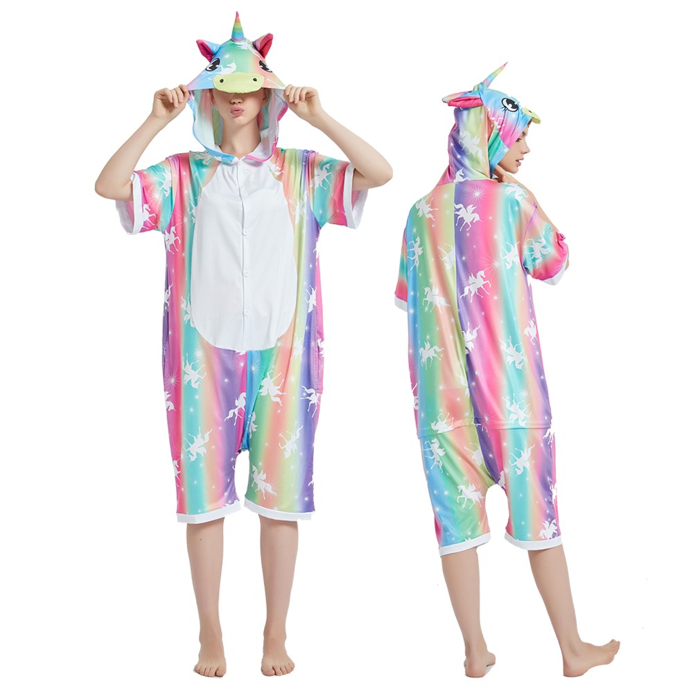 Rainbow Unicorn Onesie Pajamas for Adult Short Sleeve Summer Vertical Stripes
