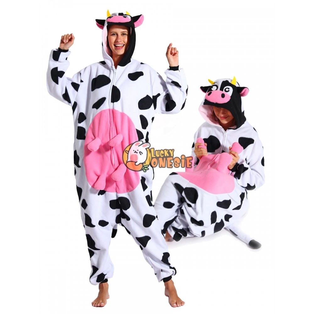 Adult Cow Onesie with Udders for Women & Men Pajamas Easy Halloween Costumes