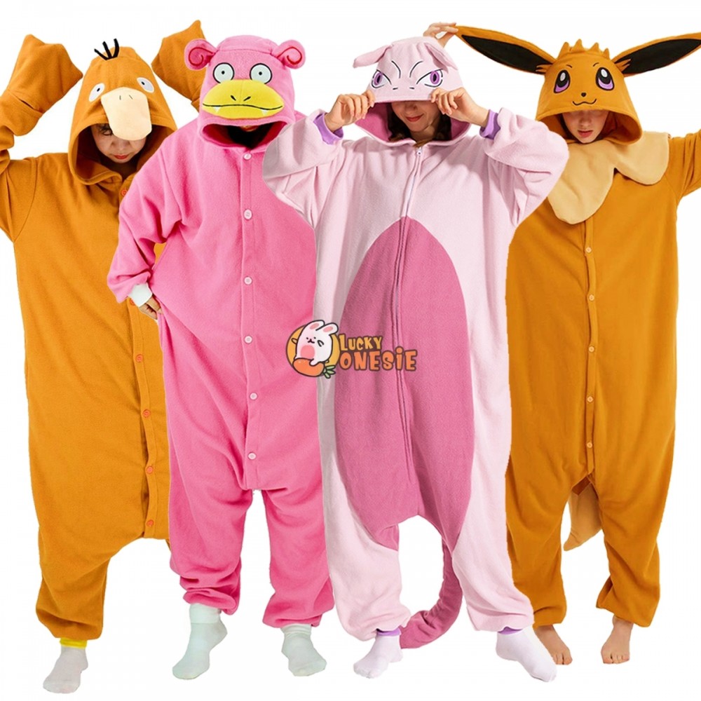 Eevee & Psyduck & Slowpoke & Mewtwo Onesie Pajamas for Adults Simple & Cute Halloween Costume