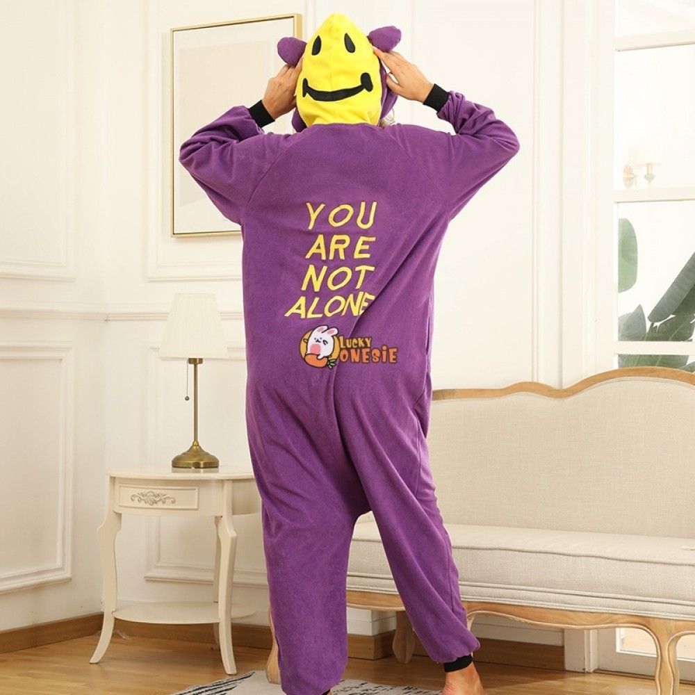 Smiley Face Onesie Pajamas for Women & Men Purple Bear Cute Halloween Costume Outfit