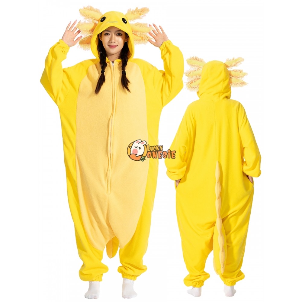 Yellow Axolotl Halloween Costume for Adults Cute Onesie Pajamas