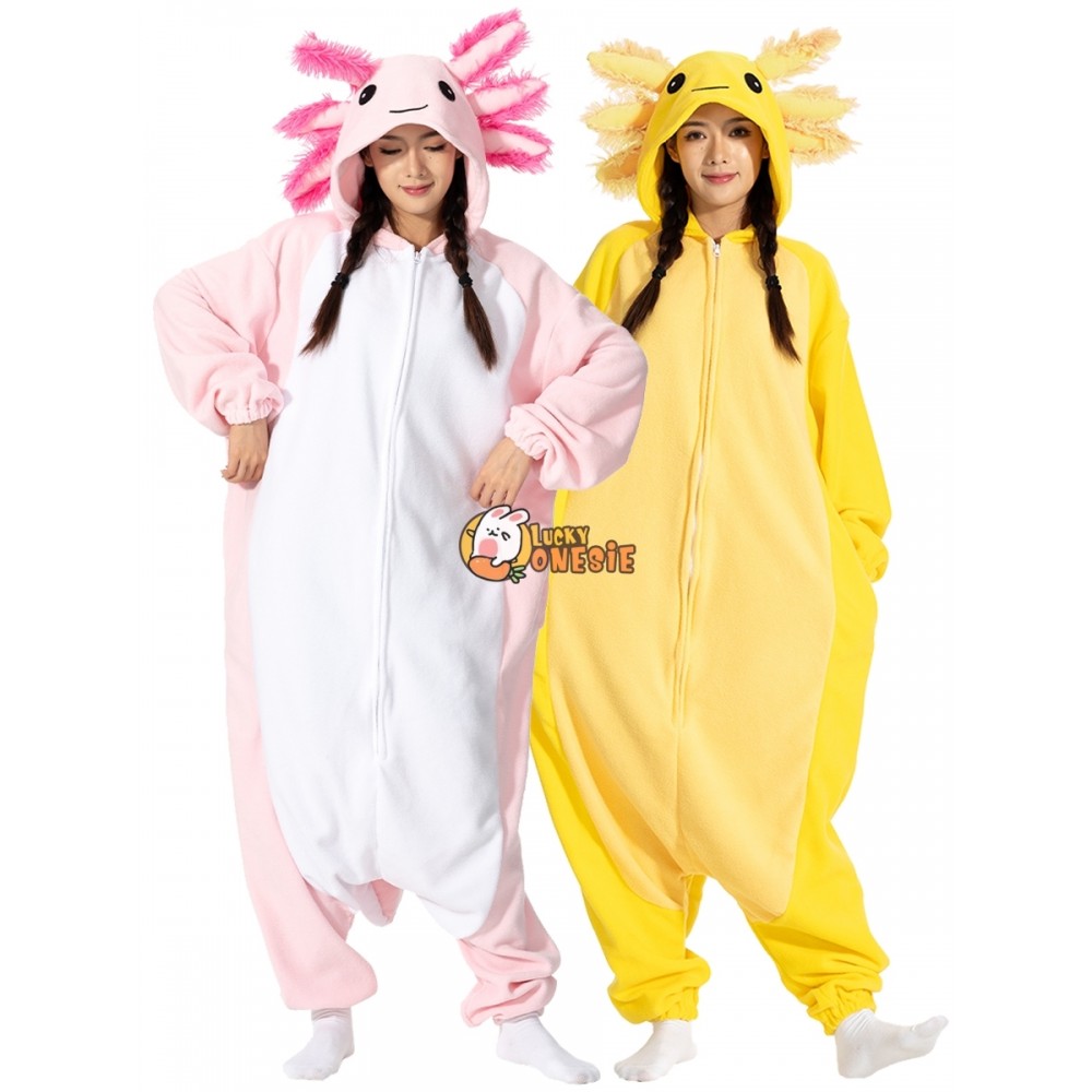Pink & Yellow Axolotl Halloween Duo Costume for Adults Couples Cute Animal Onesie Pajamas