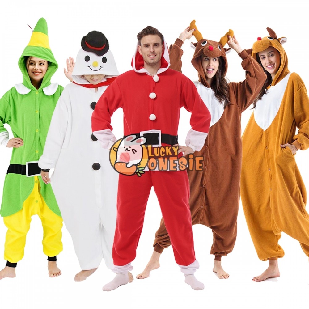 Rudolph & Santa Claus & Elf & Snowman Onesie Pajamas Matching Christmas Costume for Women & Men