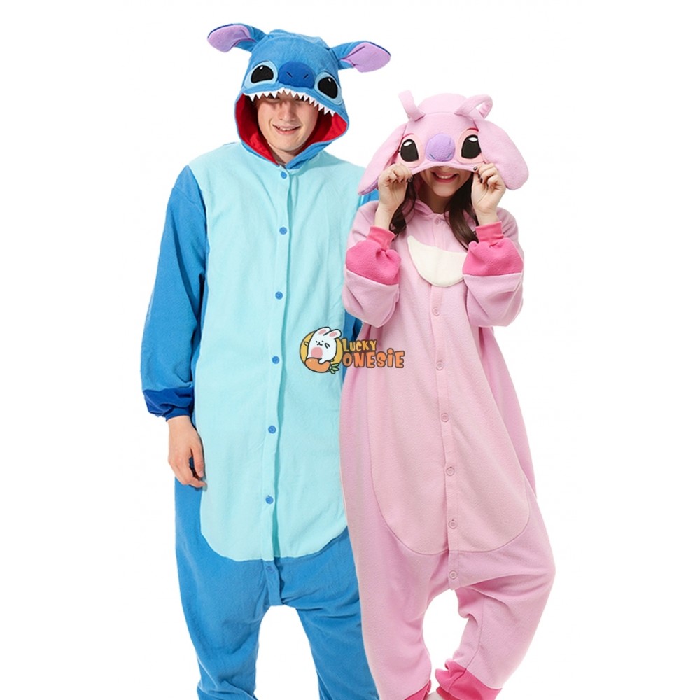 Pink & Blue Stitch and Angel Onesie Costume Matching Couples Pajamas