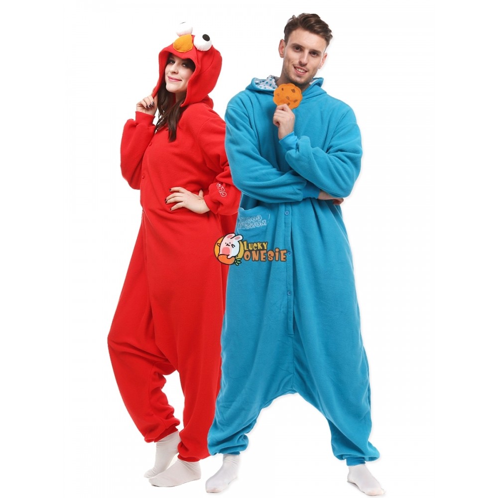 Elmo & Cookie Monster Onesie Pajamas Eazy Halloween Costume for Adult