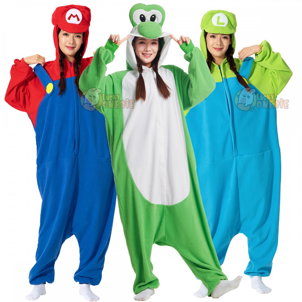 Luigi Yoshi Mario Onesie for Adult Cute and Easy Trio Halloween Costume Idea