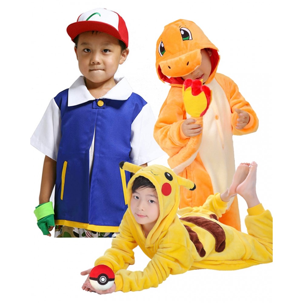 Kids Charmander Pikachu Ash Ketchum Halloween Costume Cute Matching Onesie Pajamas