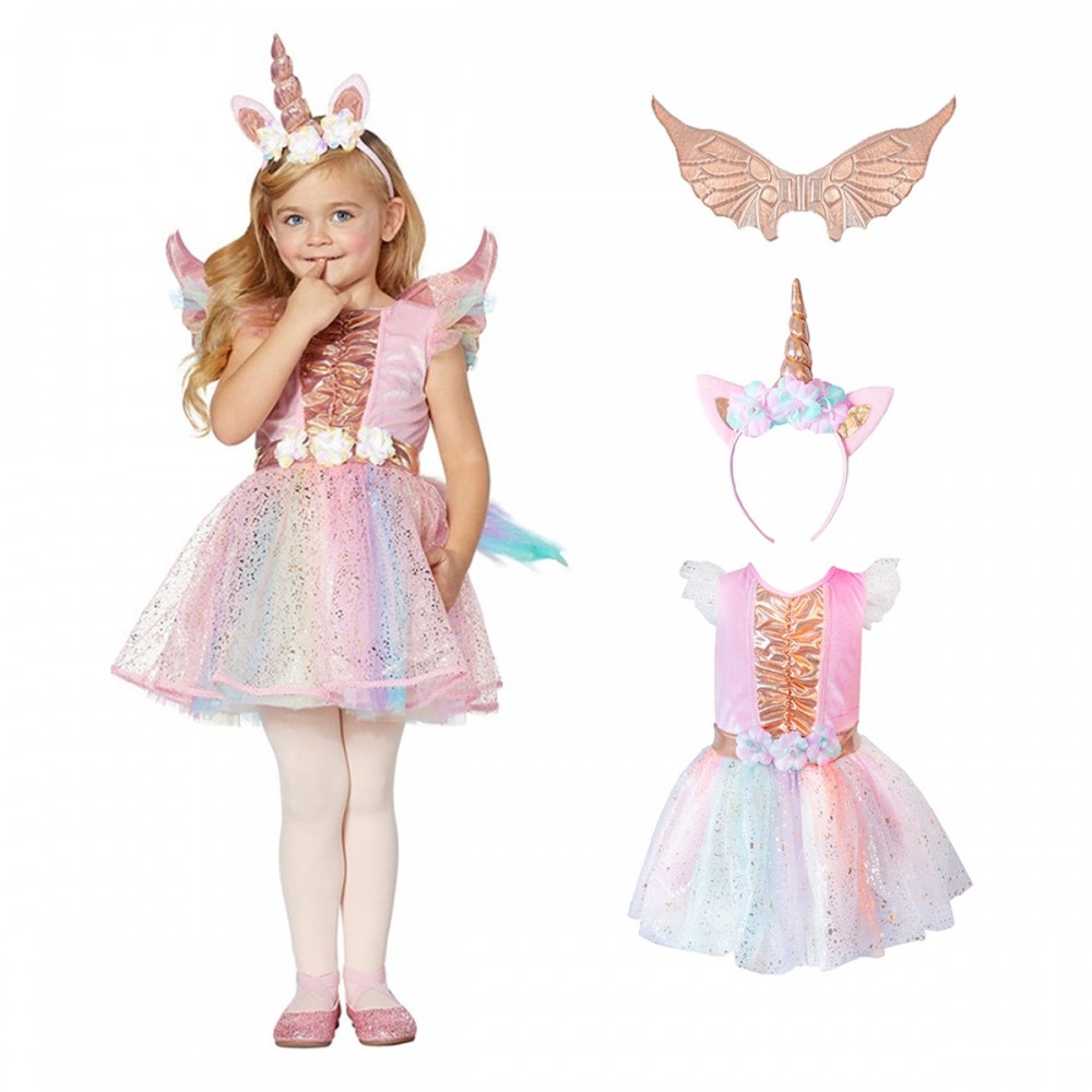 Unicorn Halloween Costume for Girls Dress with Headband Wings