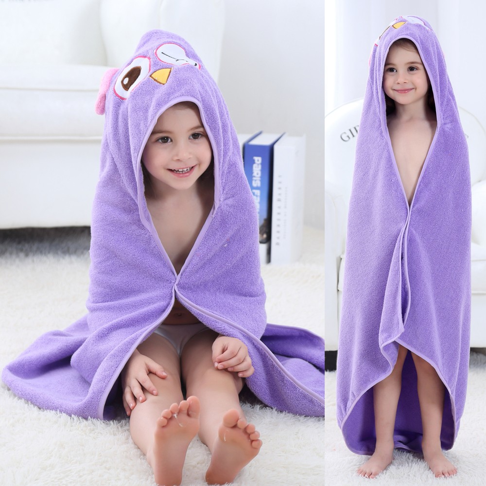 Kids Hooded Bath Towels Soft Microfiber Baby Towels Purple Owl