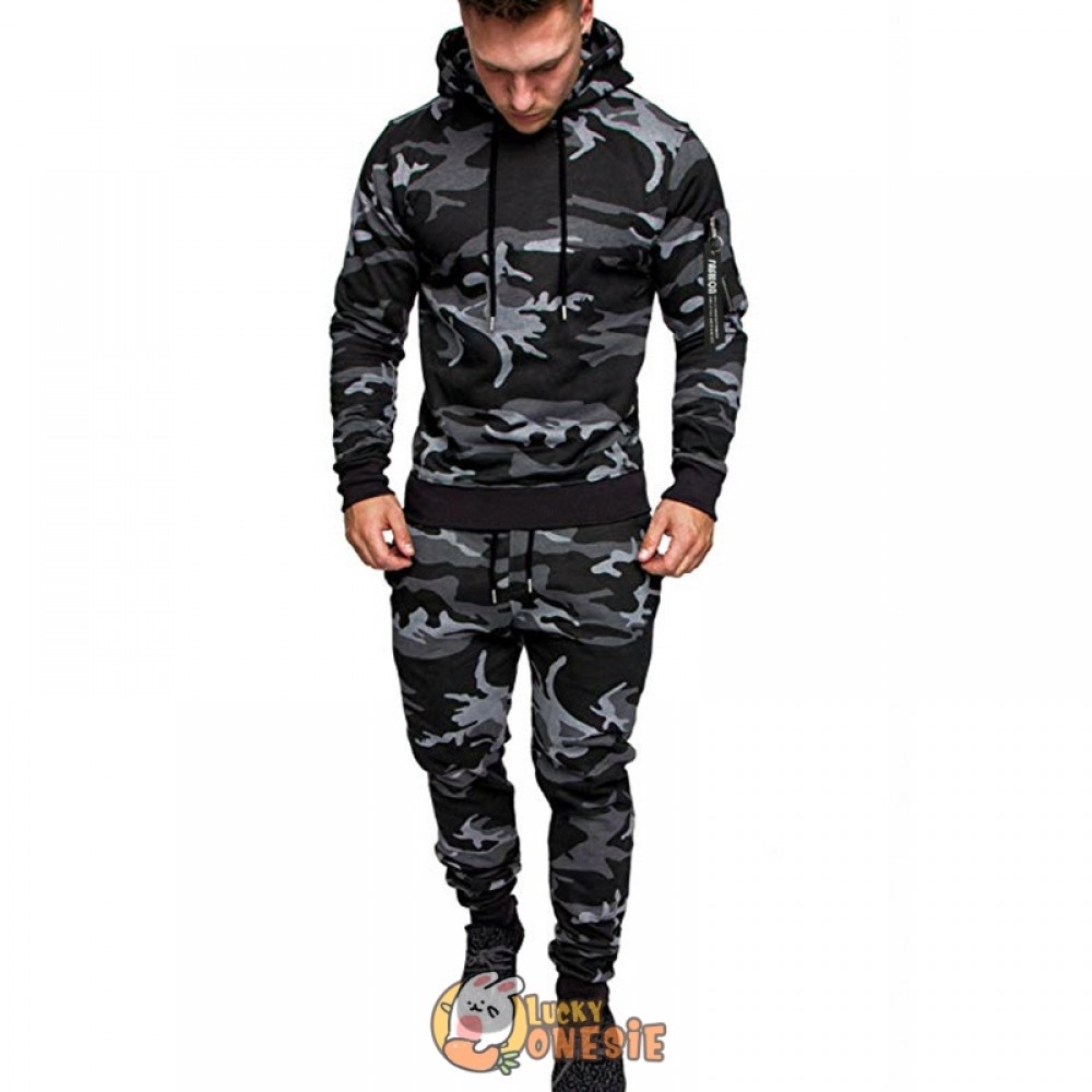 Mens Hoodie Jumpsuit Adult 2Pcs Suit Camouflage - Luckyonesie.com