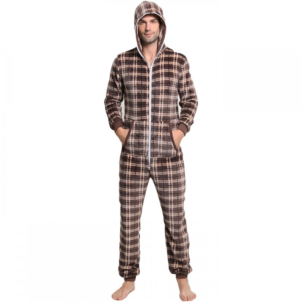 Mens Onesie Adult Hooded Jumpsuit Flannel Pajamas Polo Jumpsuit Plaid
