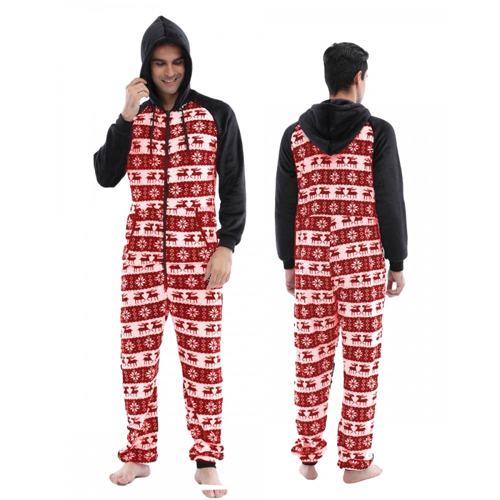 Mens Christmas Onesie One Piece Pajamas Flannel Red Reindeer Pattern