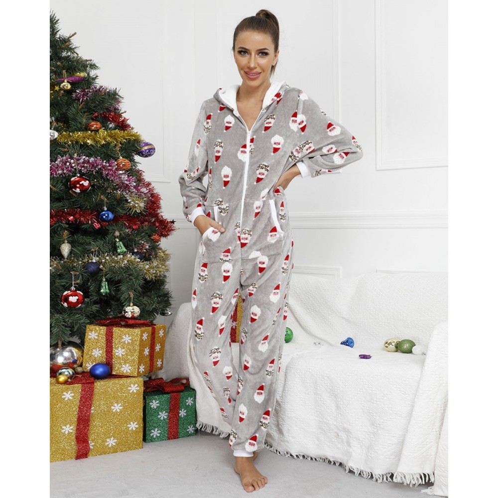 Womens Christmas Onesie Pajamas Flannel Holiday Onesie Santa Claus Pattern Gray