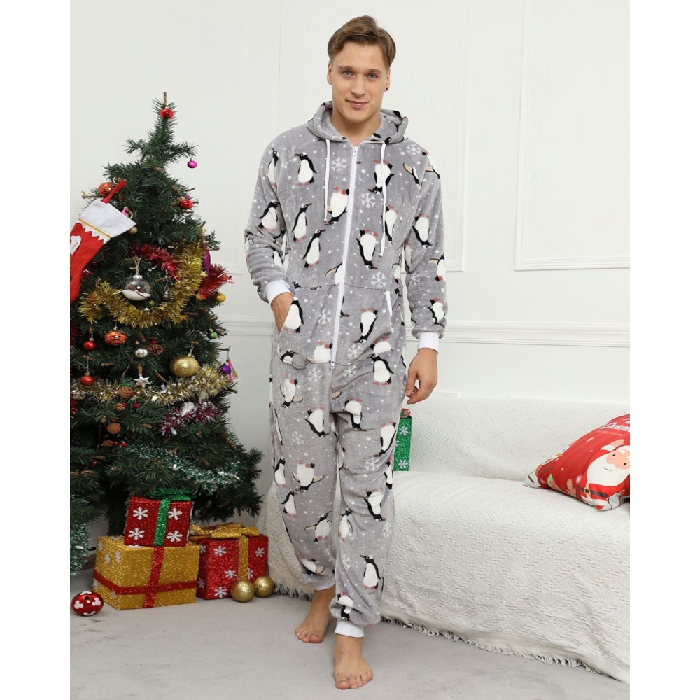 Mens Christmas Onesie One Piece Pajamas Flannel Gray Penguin Pattern