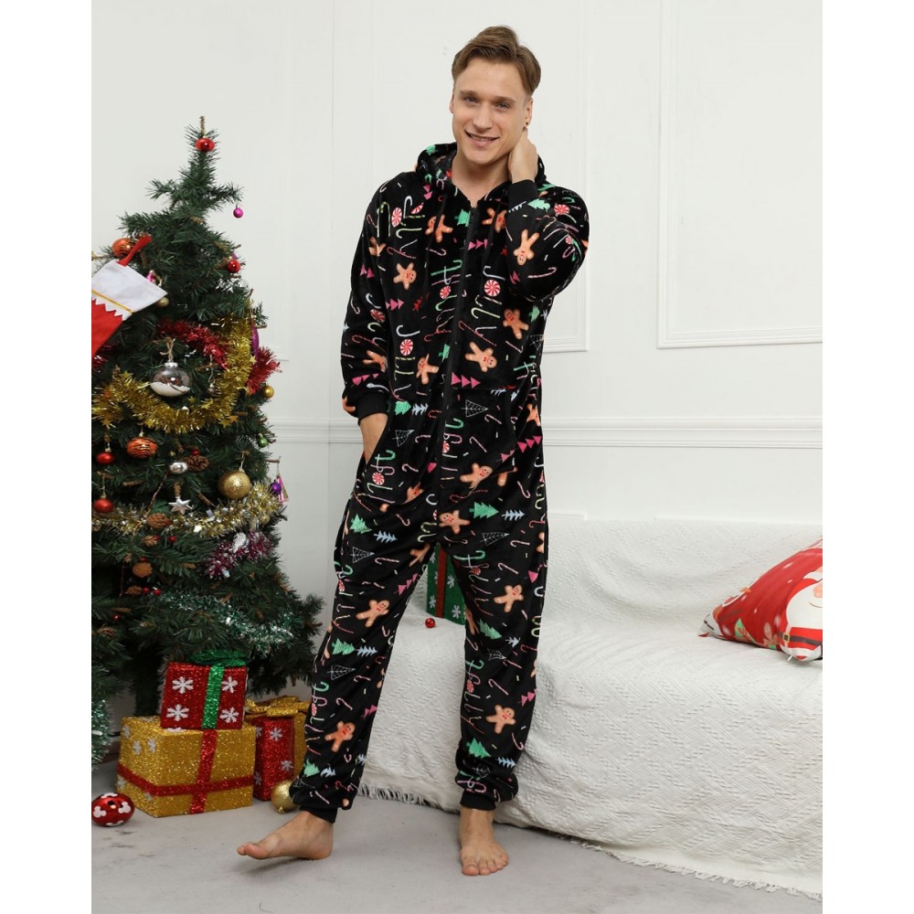 Mens Christmas Onesie One Piece Pajamas Flannel Black Gingerbread Man Pattern