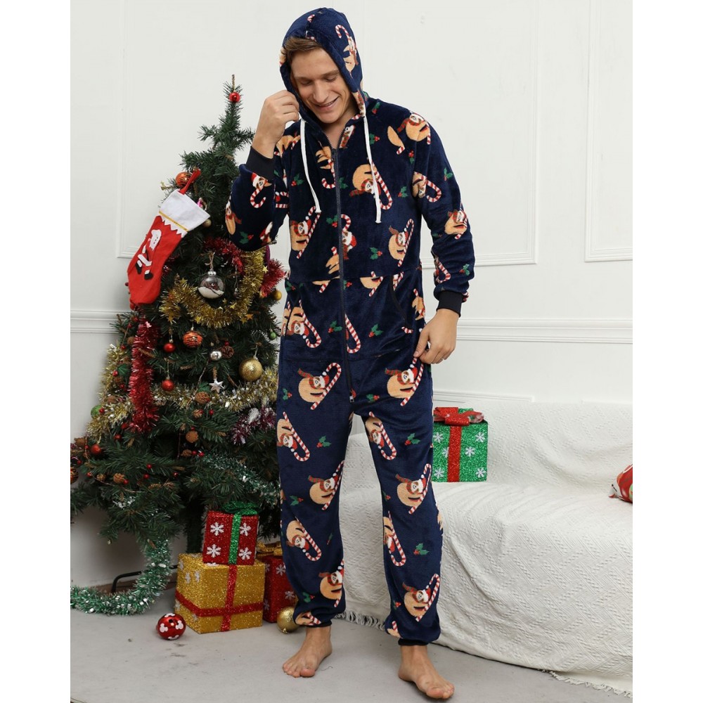 Mens Christmas Onesie Flannel One Piece Pajamas Navy