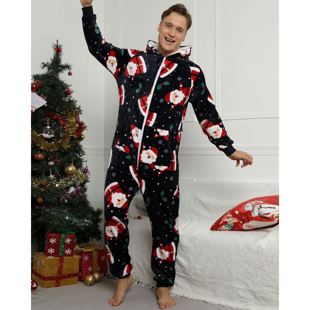 Mens Christmas Onesie Flannel One Piece Pajamas Navy Santa Claus Pattern