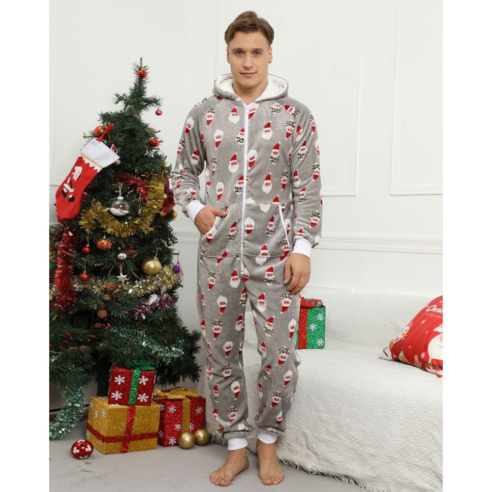Mens Christmas Onesie Flannel One Piece Pajamas Gray Santa Claus Pattern