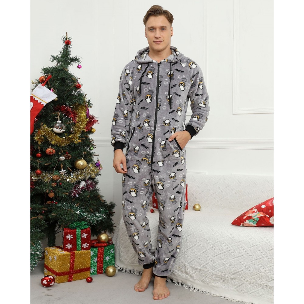 Mens Christmas Onesie Flannel One Piece Pajamas Gray