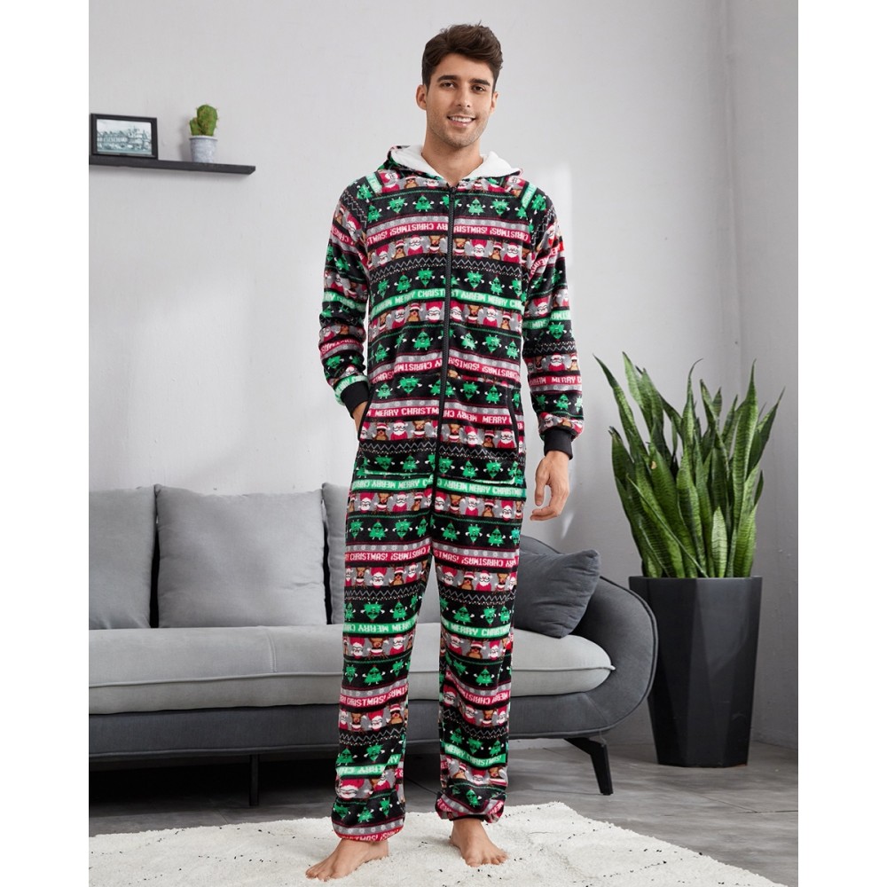 Mens Christmas Onesie Flannel One Piece Pajamas Christmas Tree Pattern