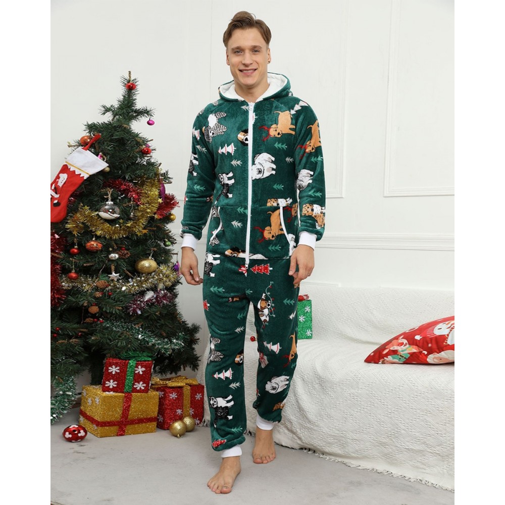 Mens Christmas Onesie Flannel One Piece Pajamas Christmas Green