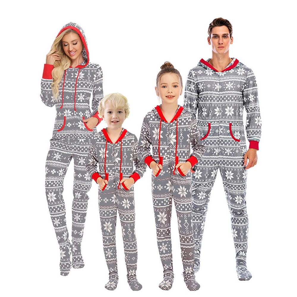 Matching Family Christmas Pajamas One Piece Footie Holiday Pjs Snow Pattern Gray