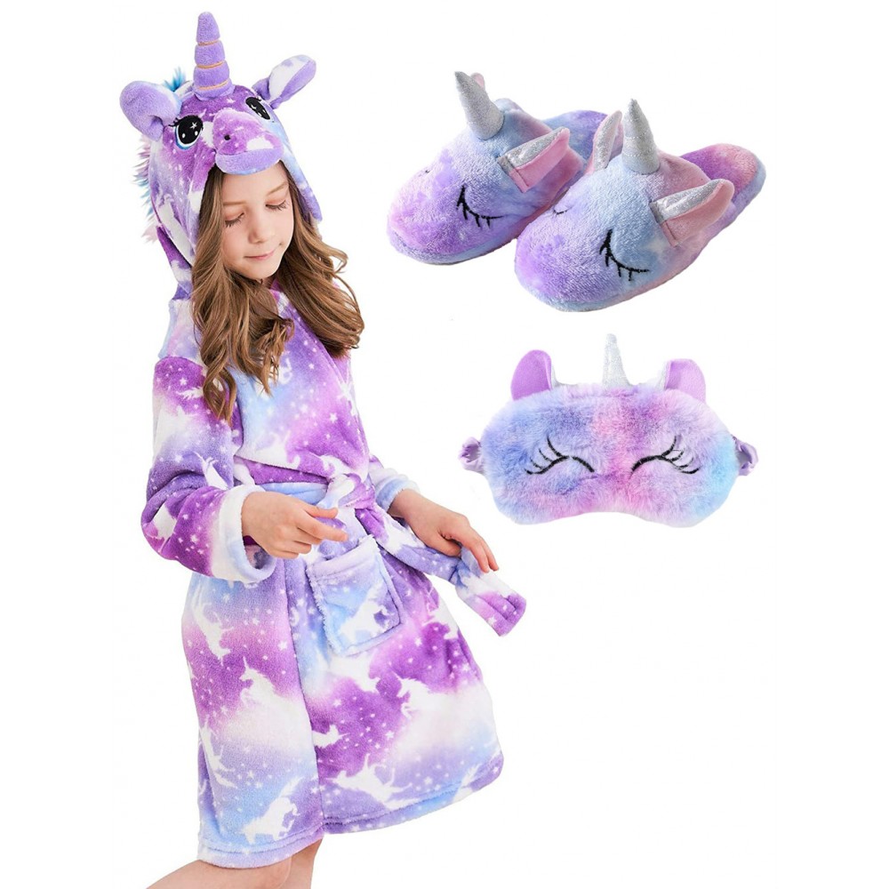 Unicorn Gifts for Girls Unicorn Robe Matching Slippers & Blindfold Purple Print