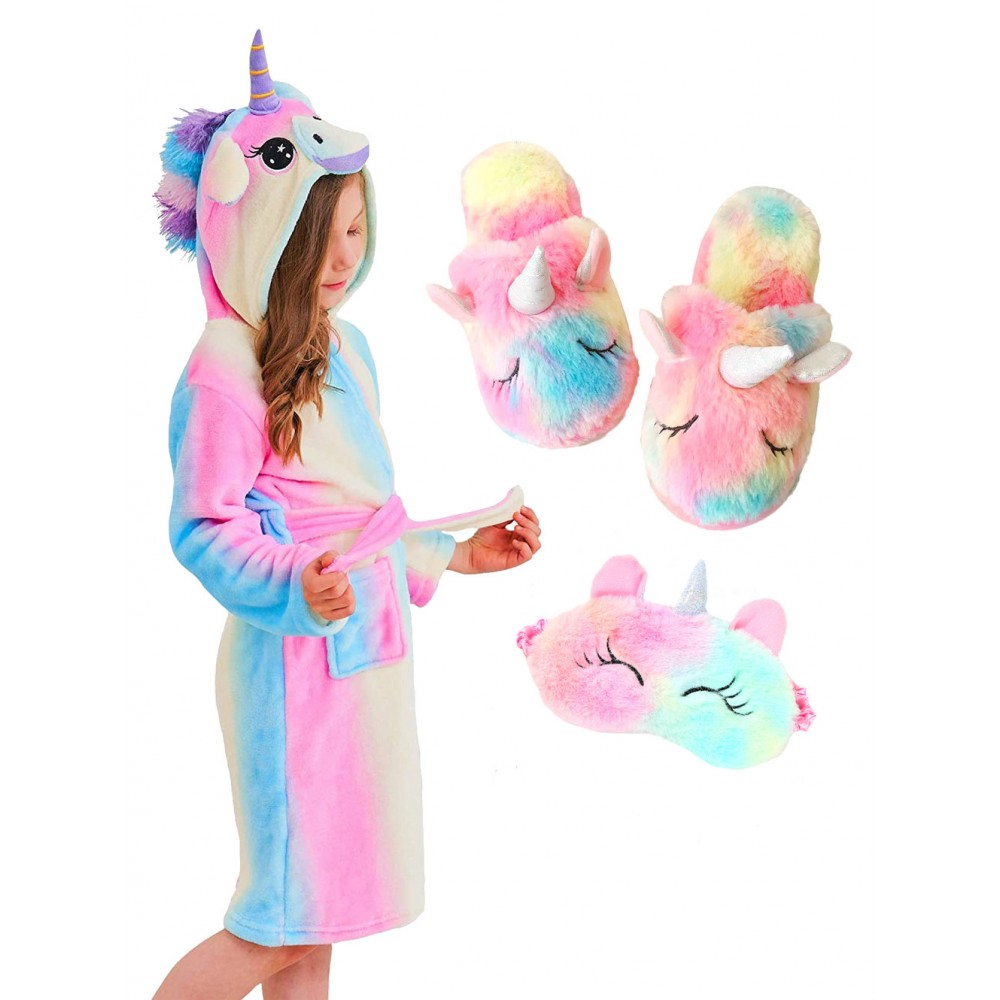 Unicorn Gifts for Girls Unicorn Robe Matching Slippers & Blindfold Blue Rainbow