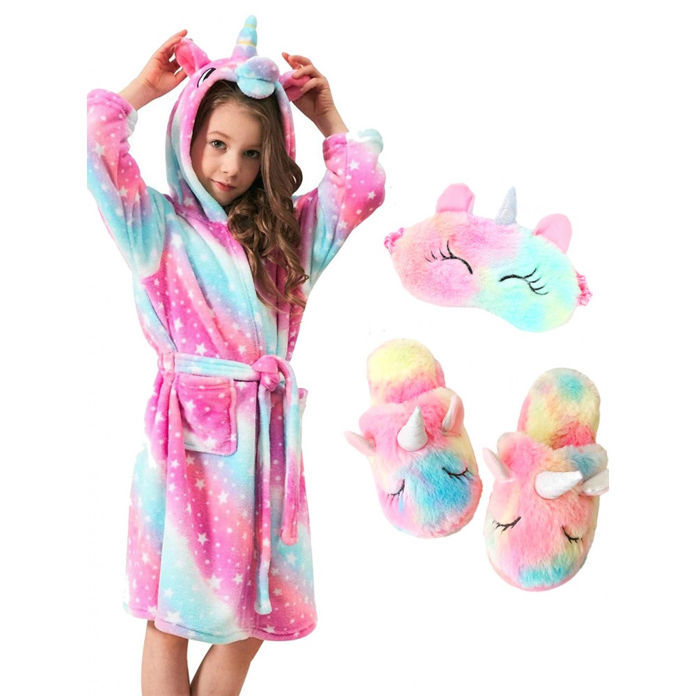 Unicorn Gifts for Girls Unicorn Robe Matching Slippers & Blindfold Pink Rainbow