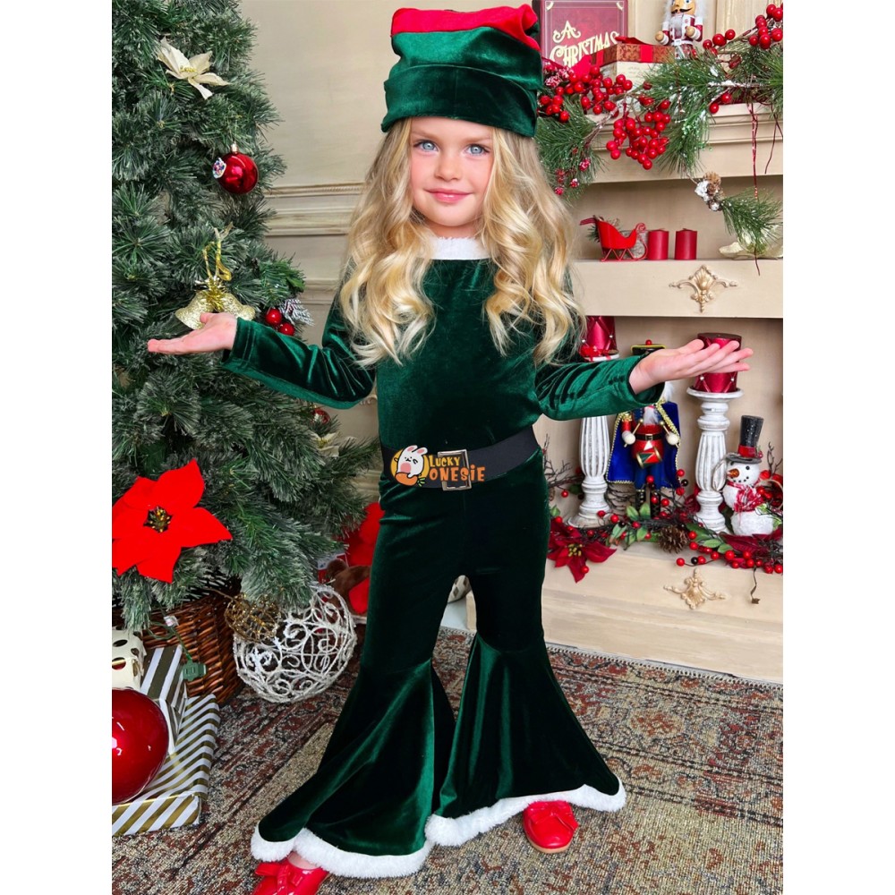Christmas Costume for Girls 3Pcs Santa Claus Suit Boot Cut Pants Green