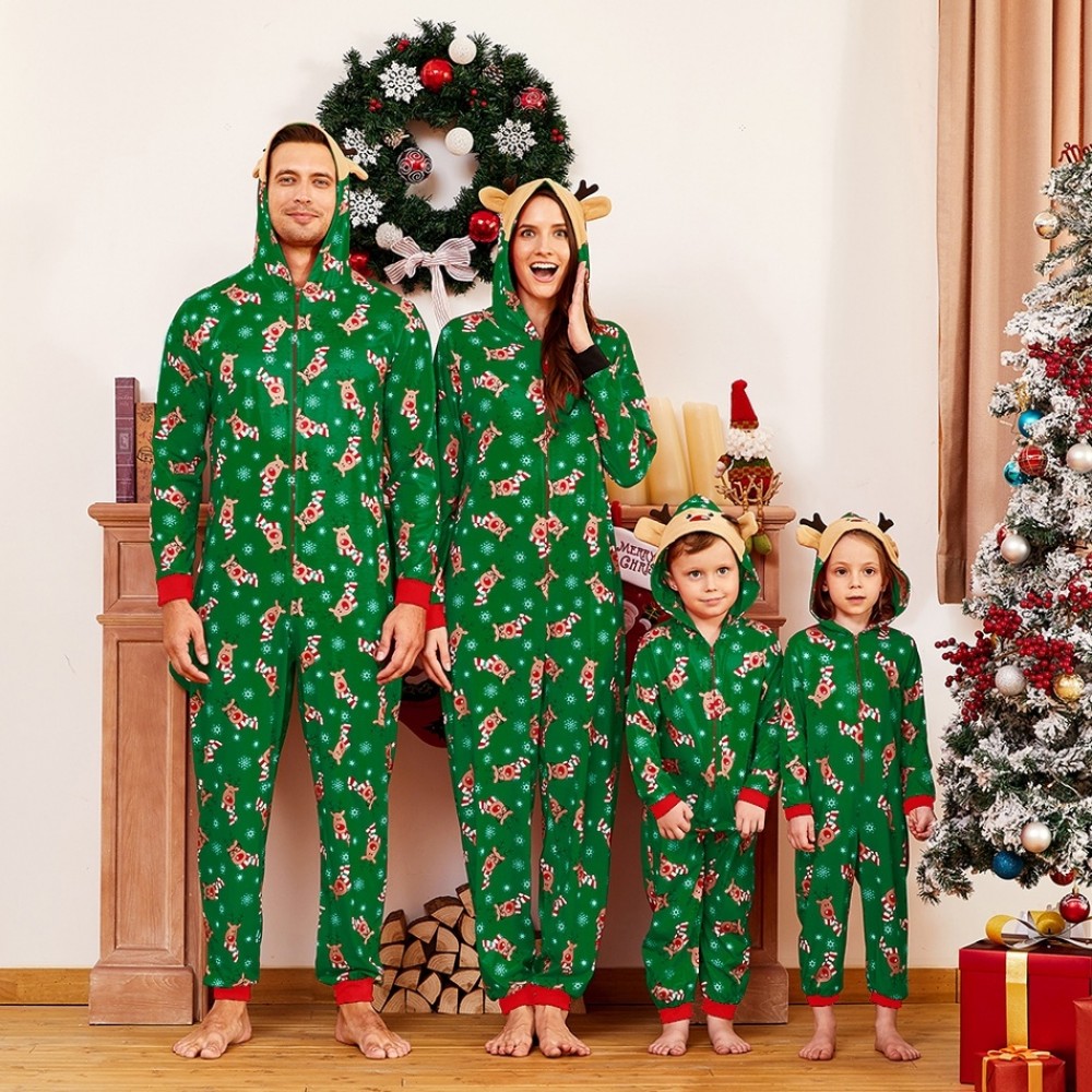 Matching Family Holiday Christmas Onesies Pajamas Reindeer Print Green