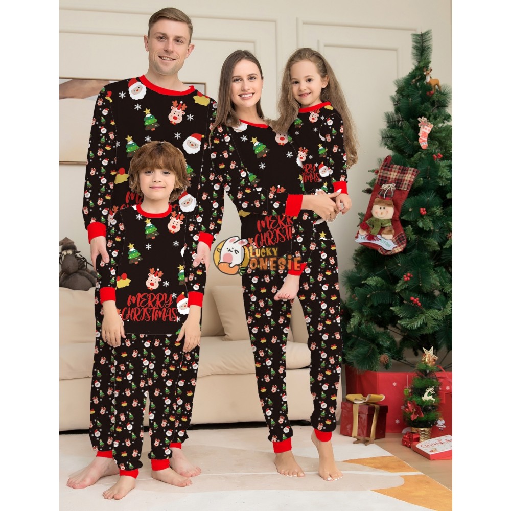 Cute Christmas Pajamas Matching Family Couples Holiday Pajamas Reindeer Print Black