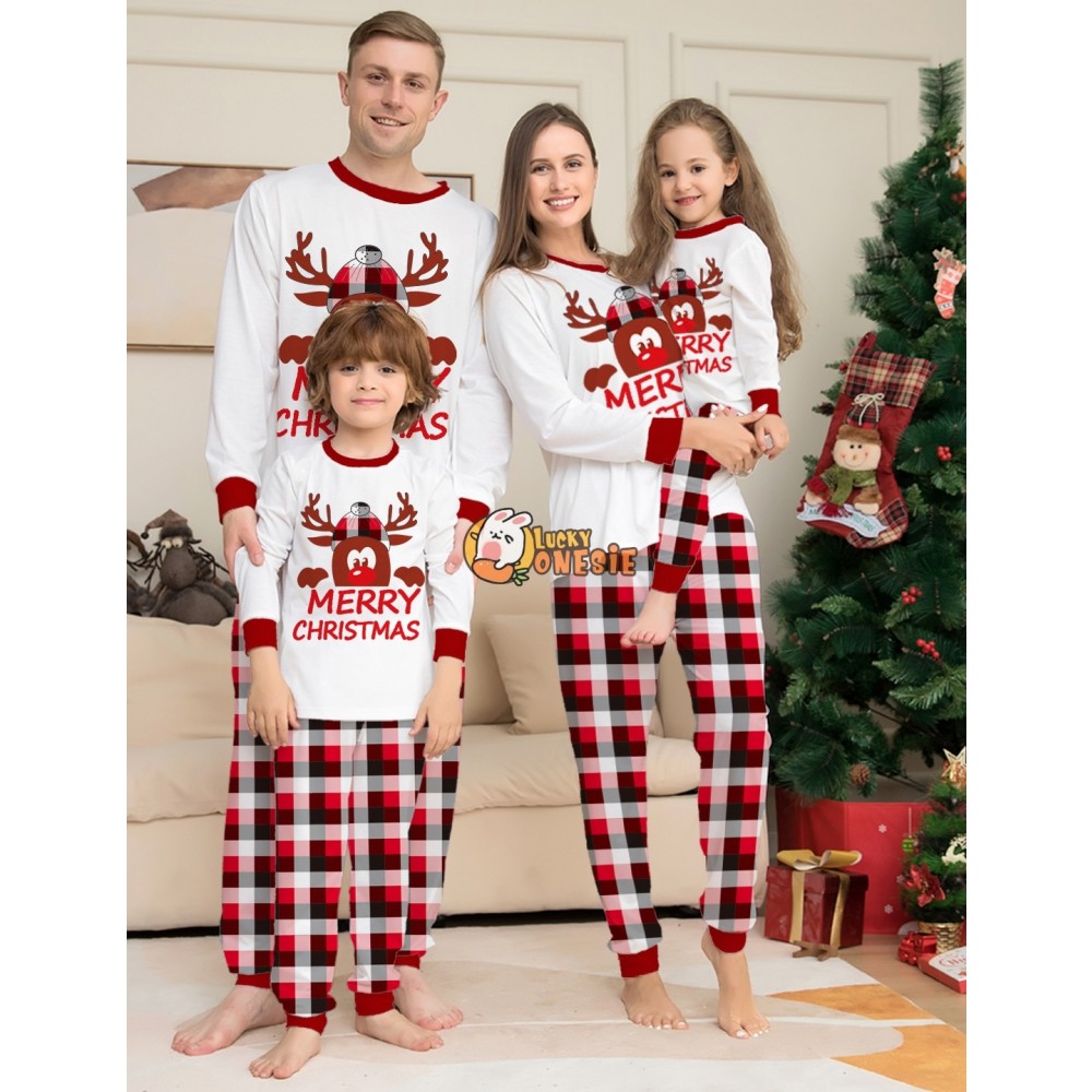 Christmas Pajamas Matching Family Couples Holiday Pajamas Reindeer Print Top Plaid Pants