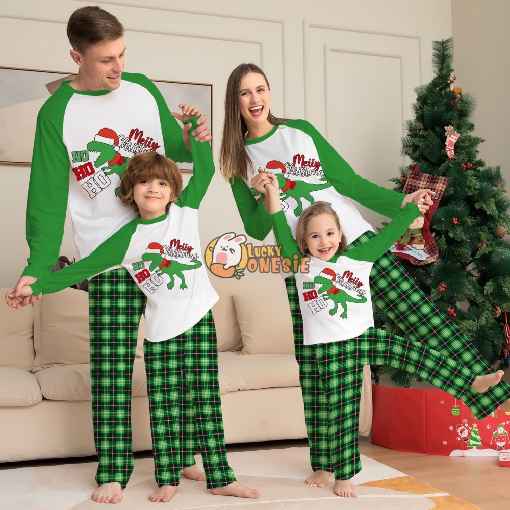 Cute Christmas Pajamas Matching Family Couples Holiday Pajamas Dinosaur Print Top Plaid Pants Green
