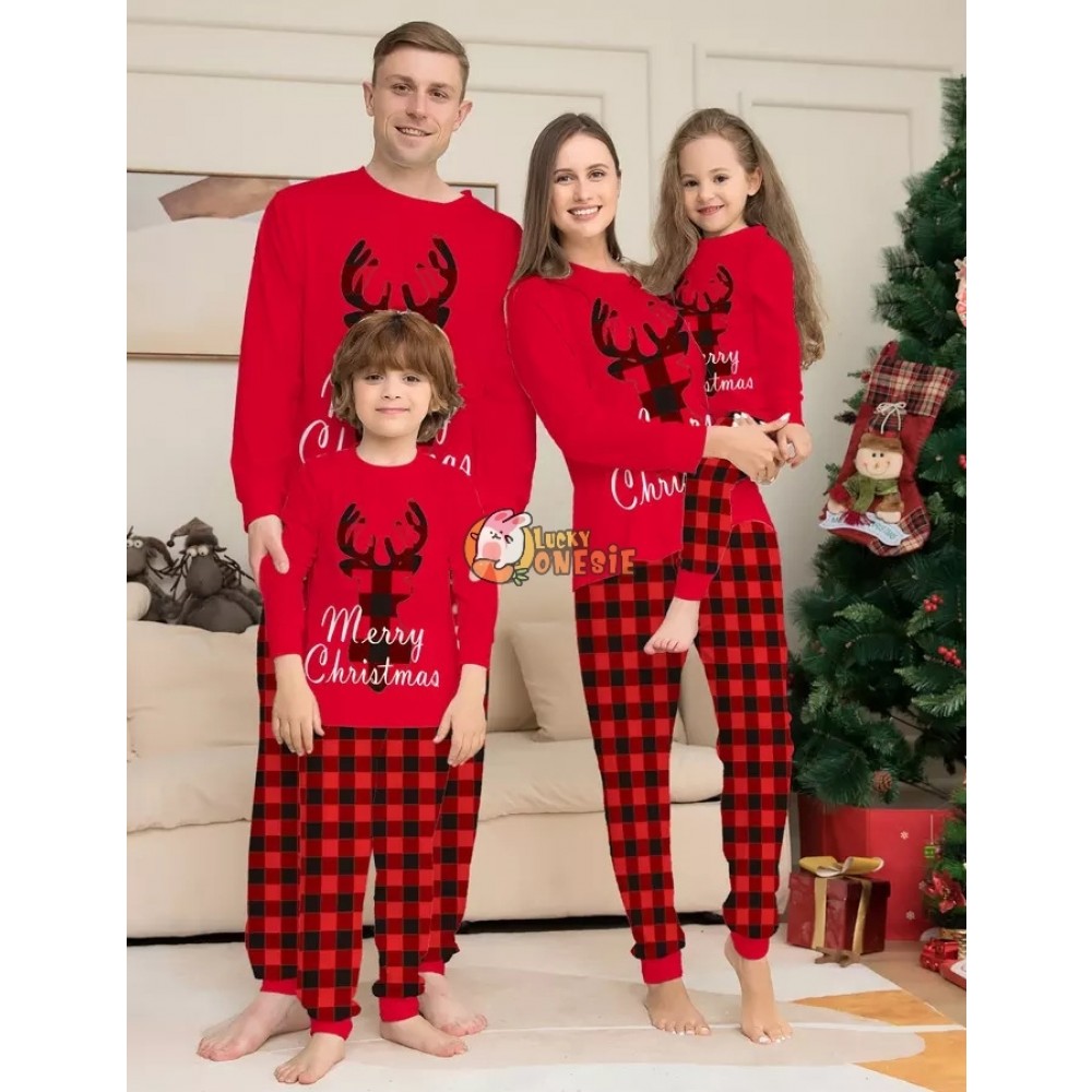 Red Christmas Pajamas Matching Family Couples Holiday Pajamas Reindeer Print Top Plaid Pants