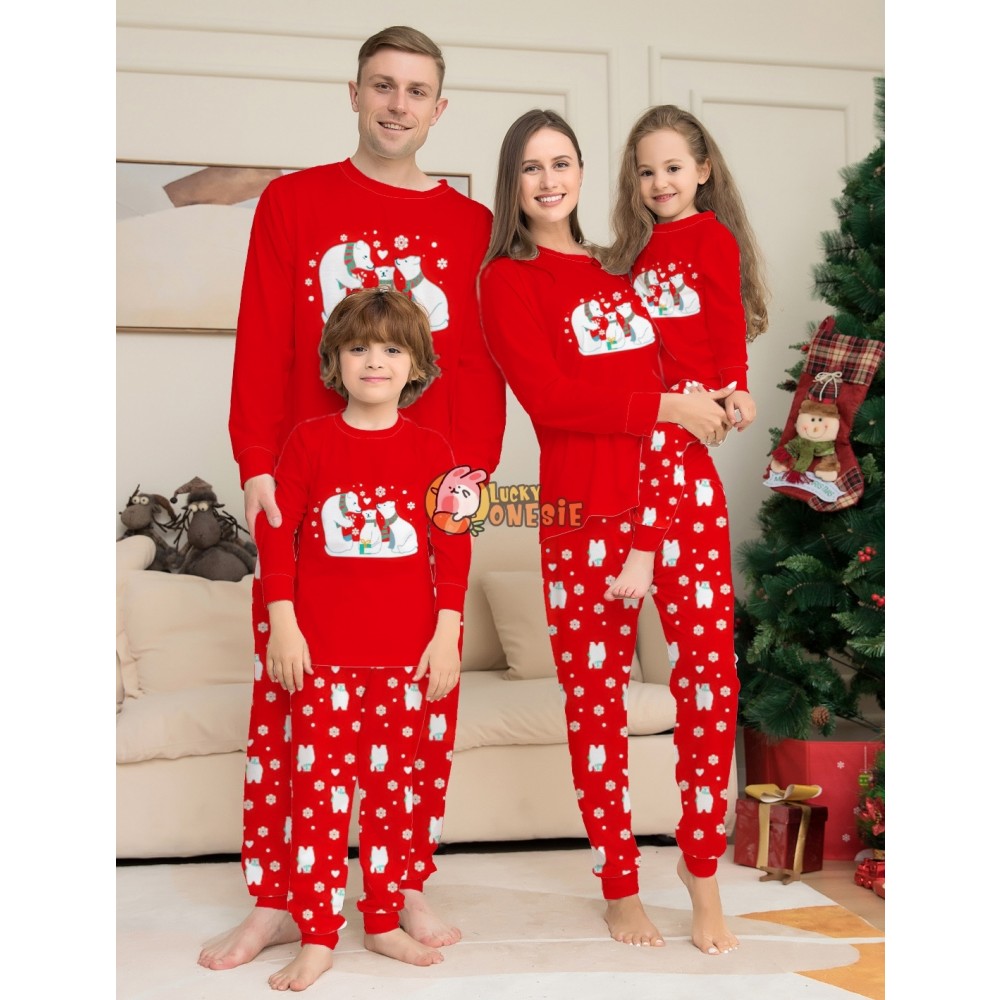 Cute Christmas Pajamas Matching Family Couples Holiday Pjs Polar Bear Print Red Sleepwear