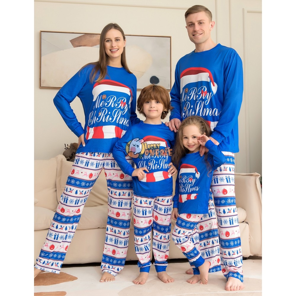 Cute Christmas Pajamas Matching Family Couples Holiday Pjs Santa Hat Print Klein Blue Sleepwear