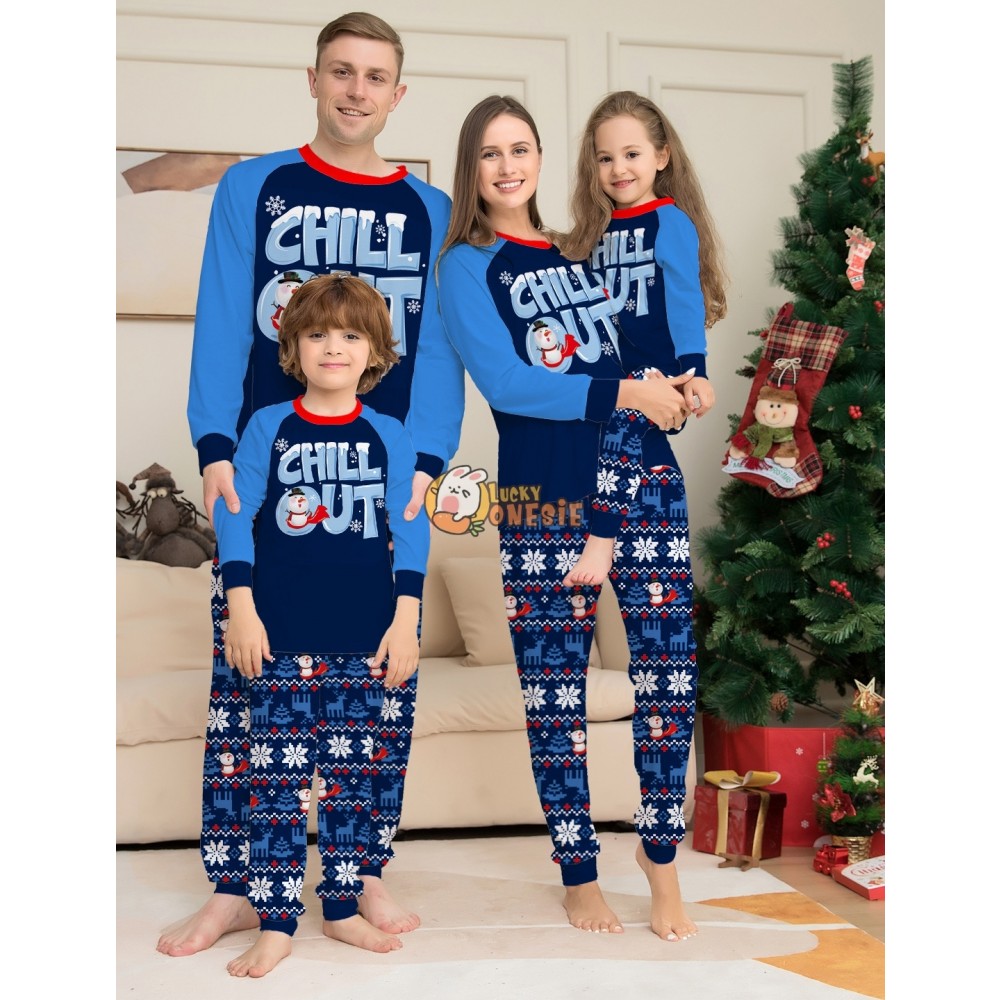 Blue Christmas Pajamas Matching Family Couples Holiday Pjs Snowman Print Cute Sleepwear