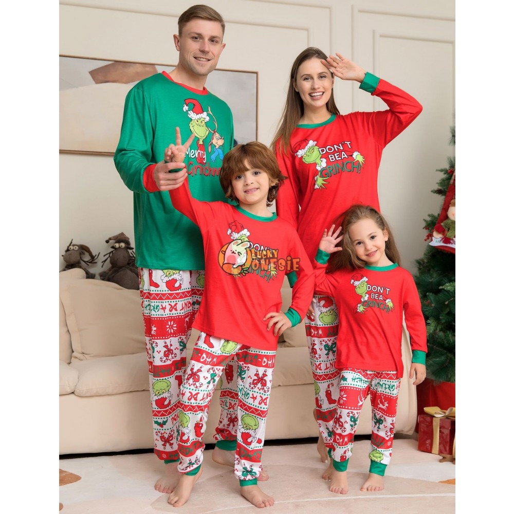 Grinch Christmas Pajamas Matching Family Couples Holiday Pjs Green and Red Sleepwear