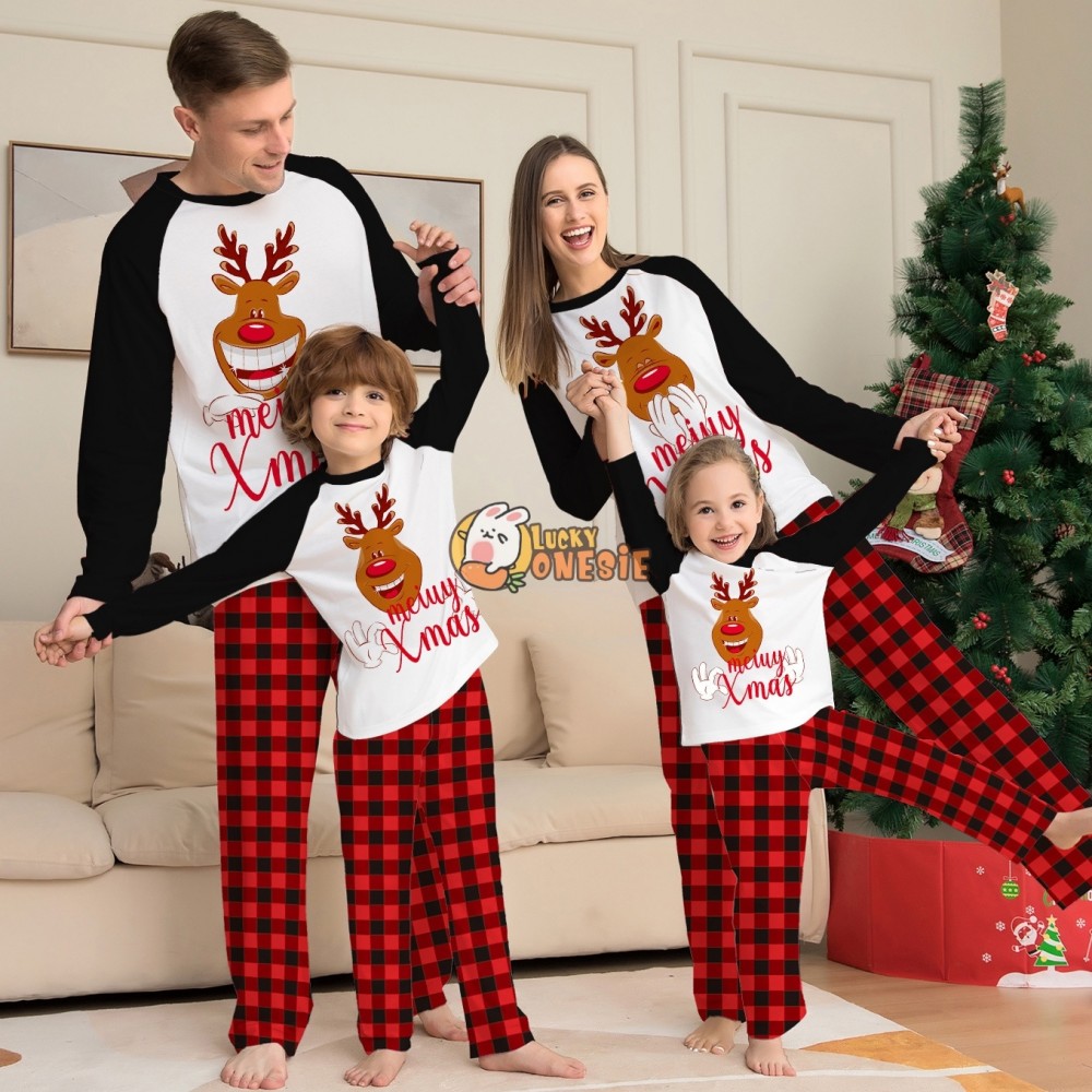 Cute Reindeer Christmas Pajamas Matching Family Couples Holiday Pjs Sets Red Plaid Pants Sleepwear