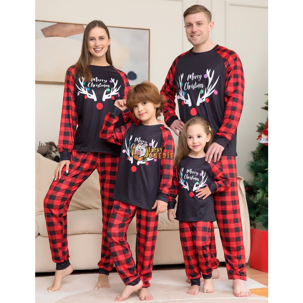 Christmas Pajamas Matching Family Couples Holiday Pjs Sets Reindeer Print Top Red Plaid Pants Sleepwear