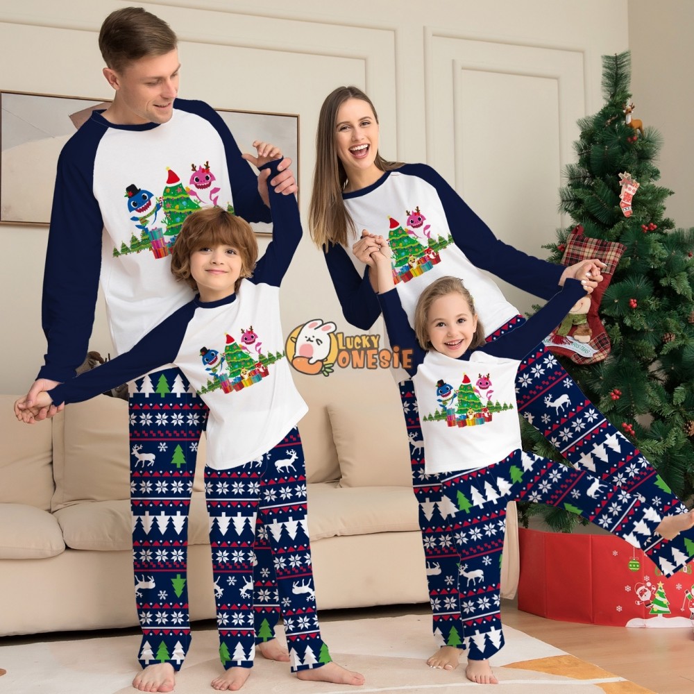 Navy Christmas Pajamas Matching Family Couples Holiday Pjs Sets Santa Tree Print Sleepwear